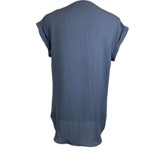 Philosophy Sheer Gauzy Slate Blue Cap Sleeve Blouse Pintuck V-Neck Size Small - Picture 3 of 9